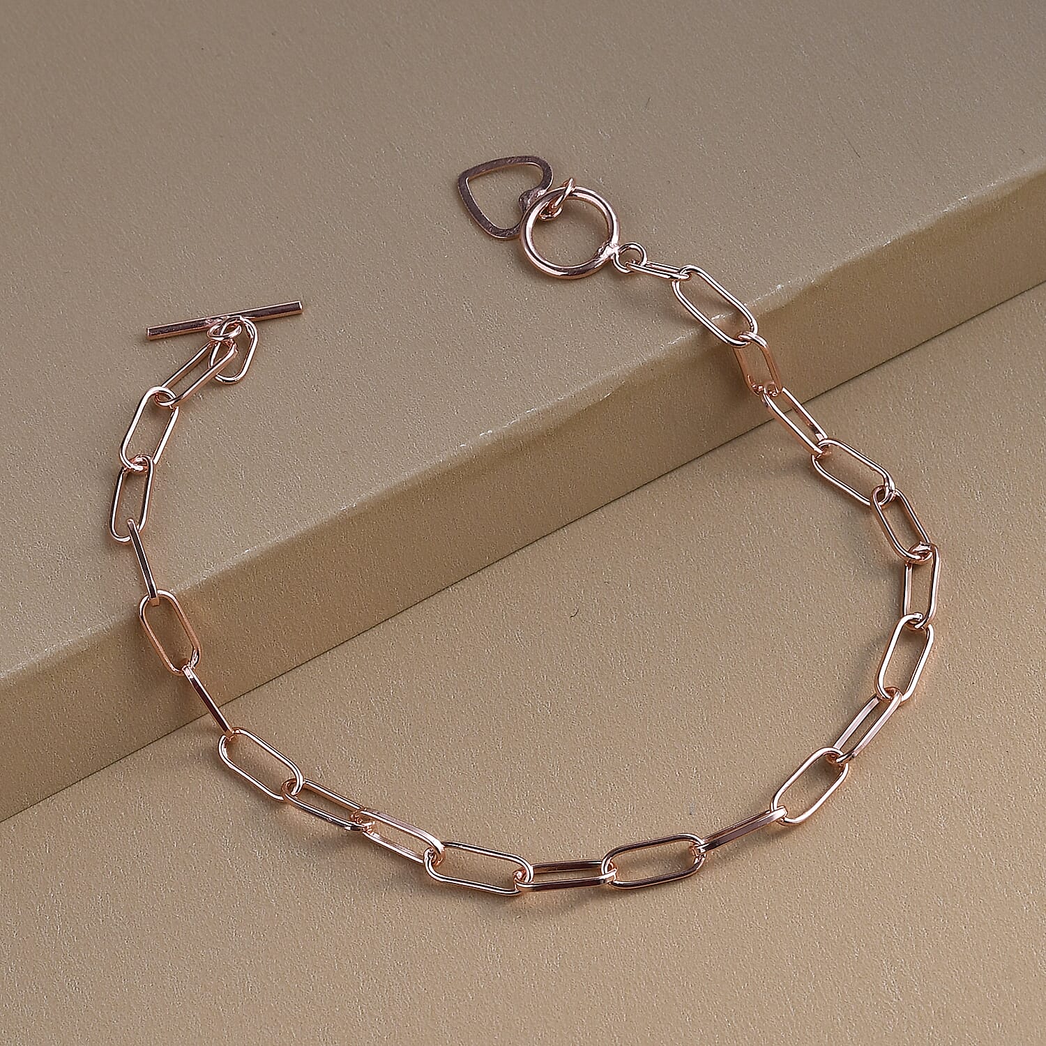 Rose Gold Overlay Sterling Silver Paperclip Bracelet (Size - 7.5) With T-Bar Clasp.