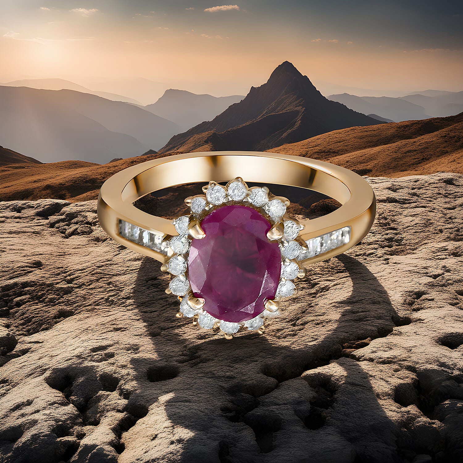 9K Yellow Gold Natural Moroccan Ruby and Diamond Ring 2.00 Ct.