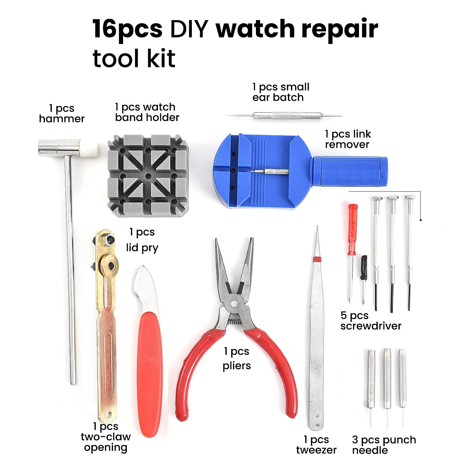 Money Saver - 16 Piece Set - Repair Tool Kit Set for Watch Professional Clock and Wristwatch - Multi