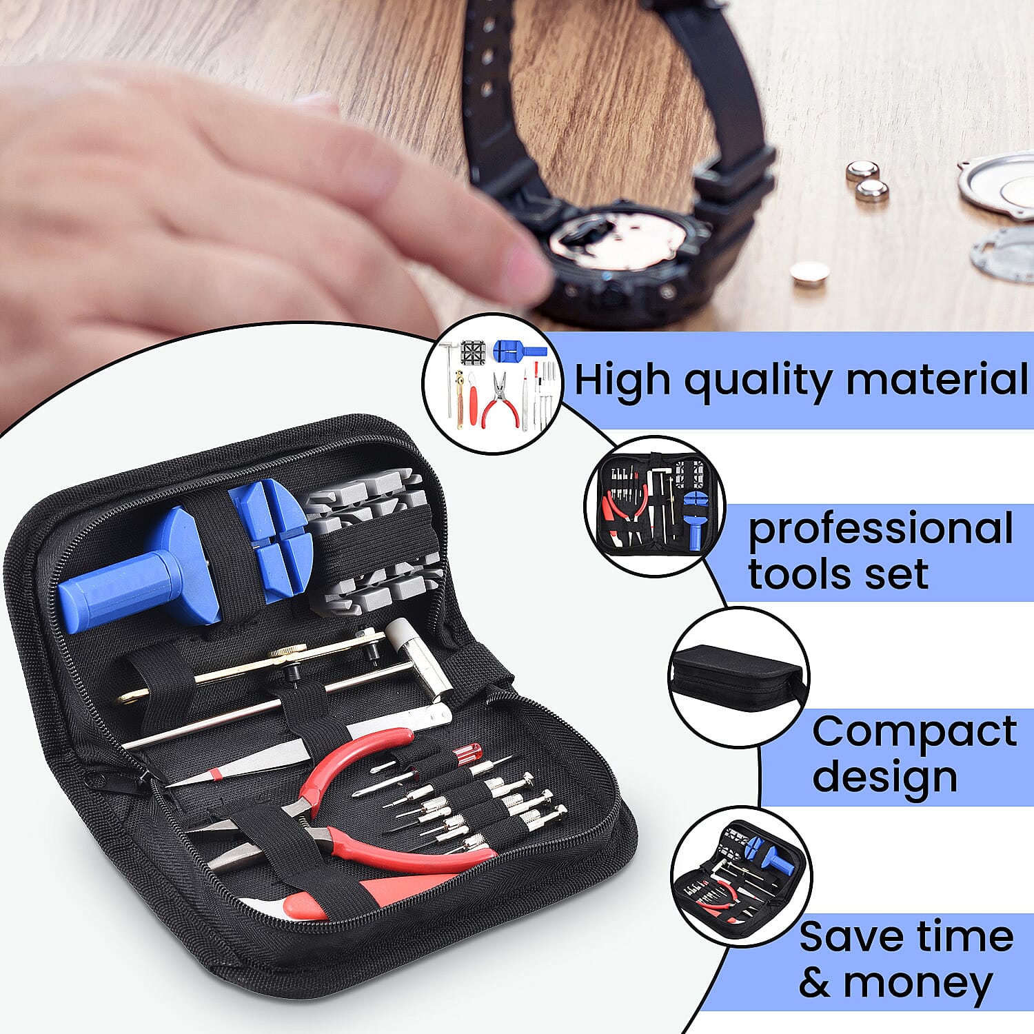 Money Saver - 16 Piece Set - Repair Tool Kit Set for Watch Professional Clock and Wristwatch - Multi