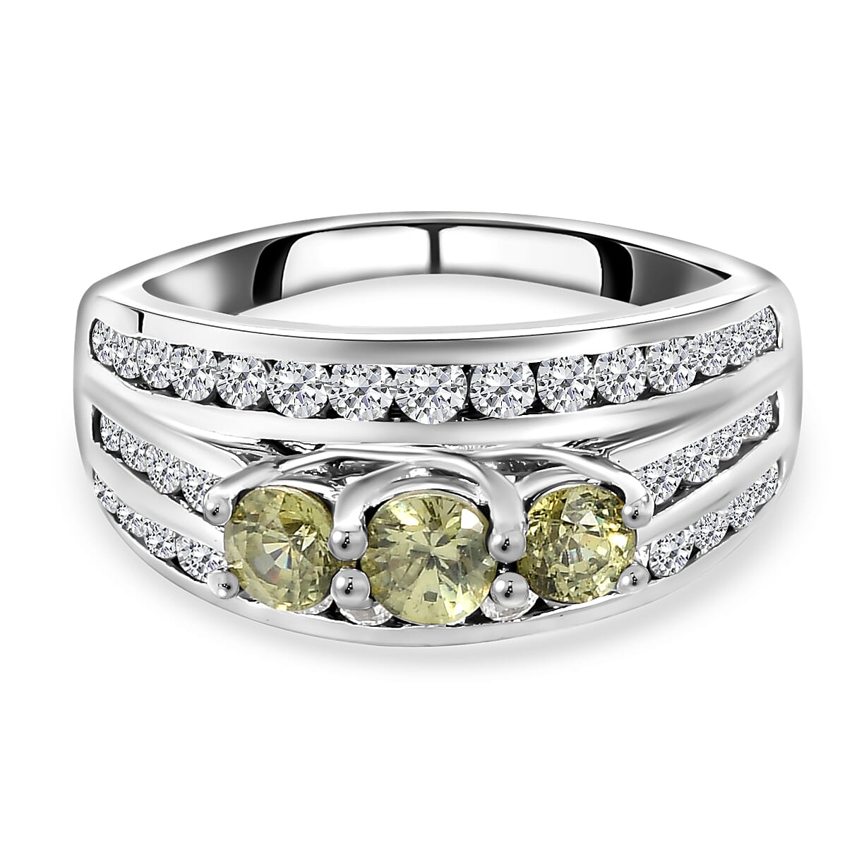 Demantoid Garnet and Natural Cambodian Zircon Ring in Platinum Overlay Sterling Silver 1.83 Ct