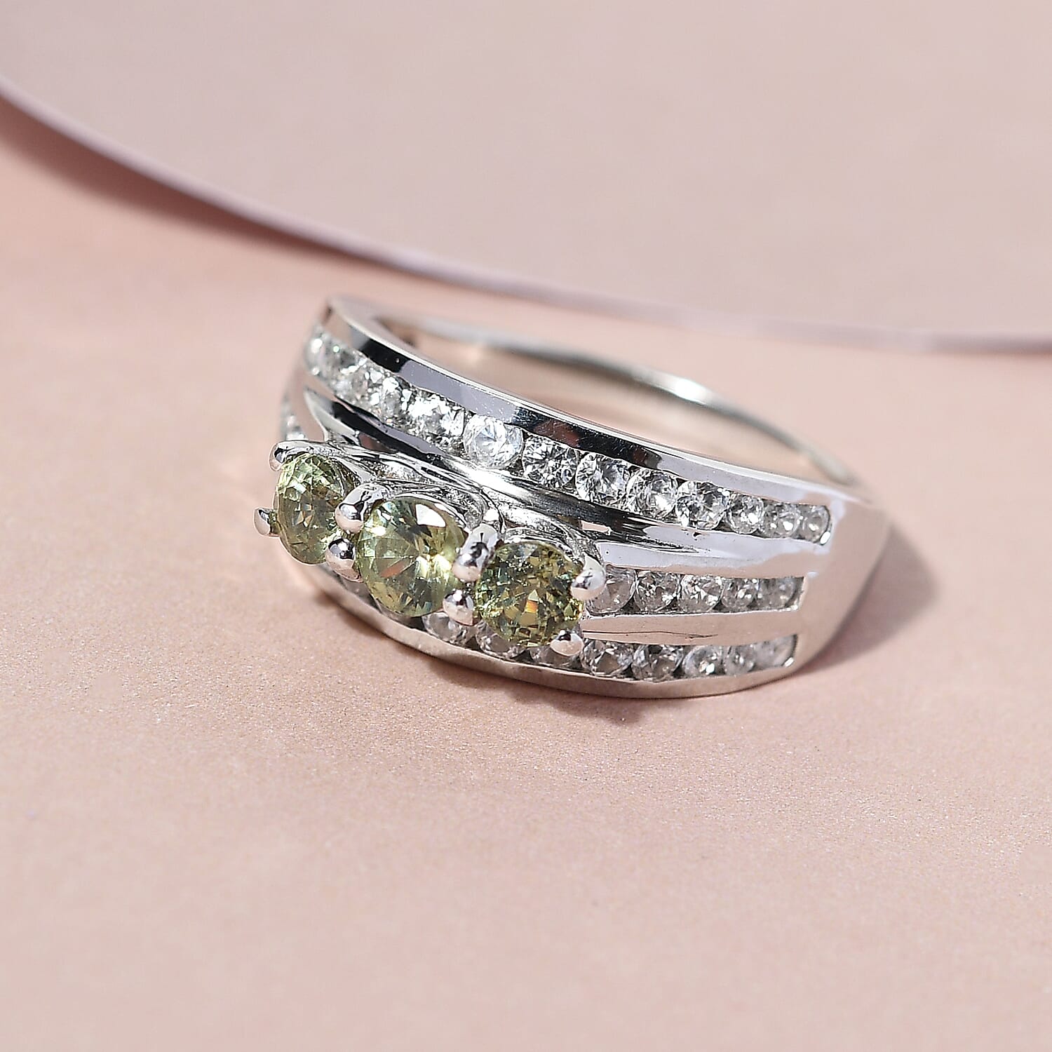 Demantoid Garnet and Natural Cambodian Zircon Ring in Platinum Overlay Sterling Silver 1.83 Ct