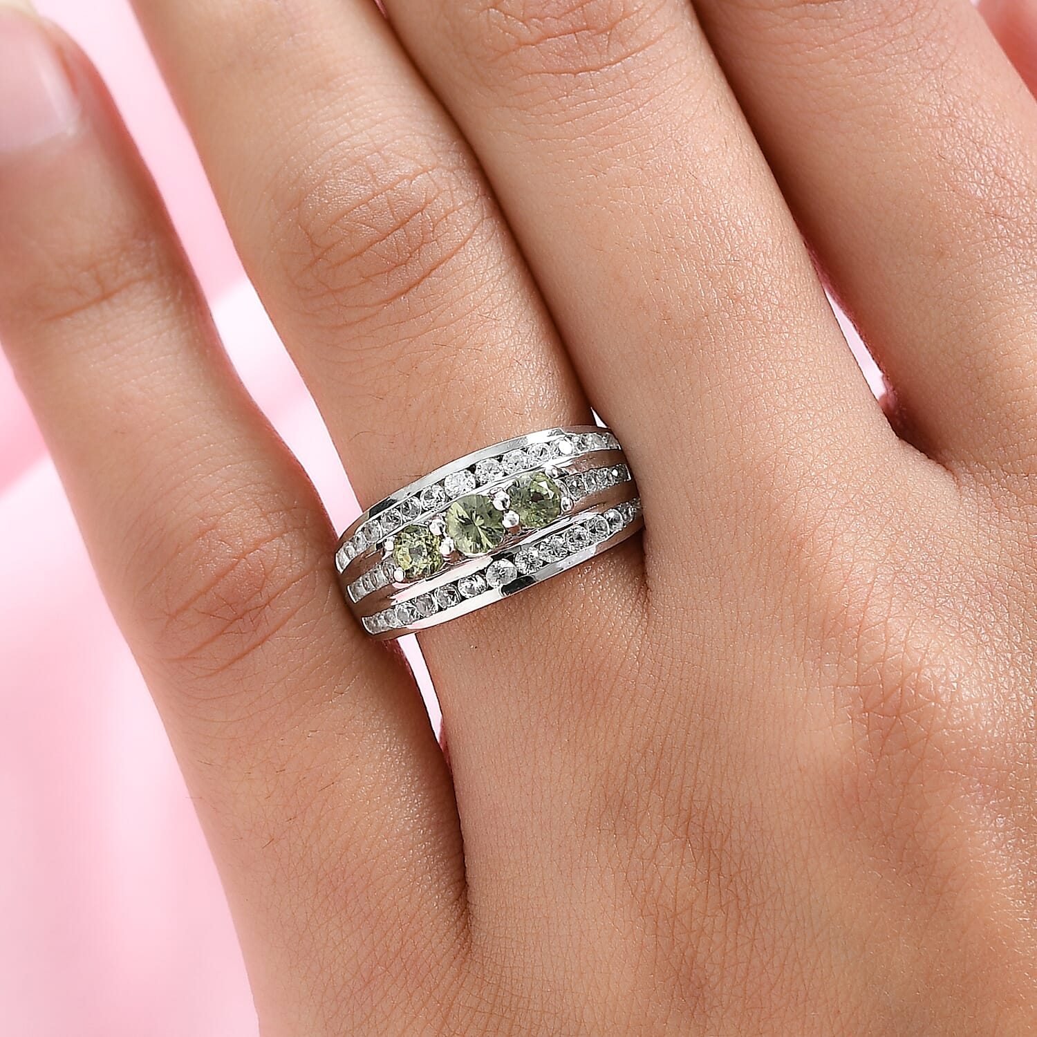 Demantoid Garnet and Natural Cambodian Zircon Ring in Platinum Overlay Sterling Silver 1.83 Ct