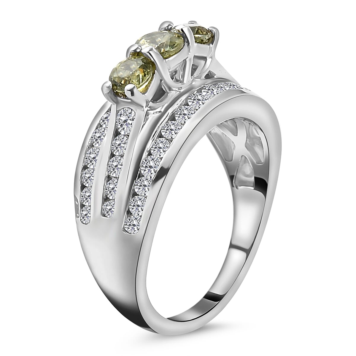 Demantoid Garnet and Natural Cambodian Zircon Ring in Platinum Overlay Sterling Silver 1.83 Ct