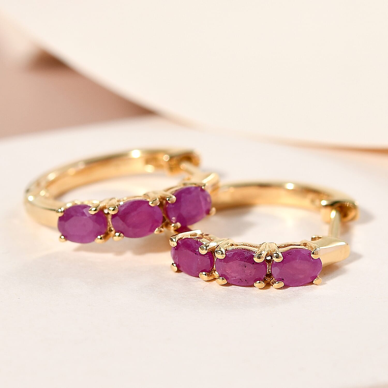 Moroccan Ruby Hoop Earrings in 14K Gold Overlay Sterling Silver 1.23 Ct.