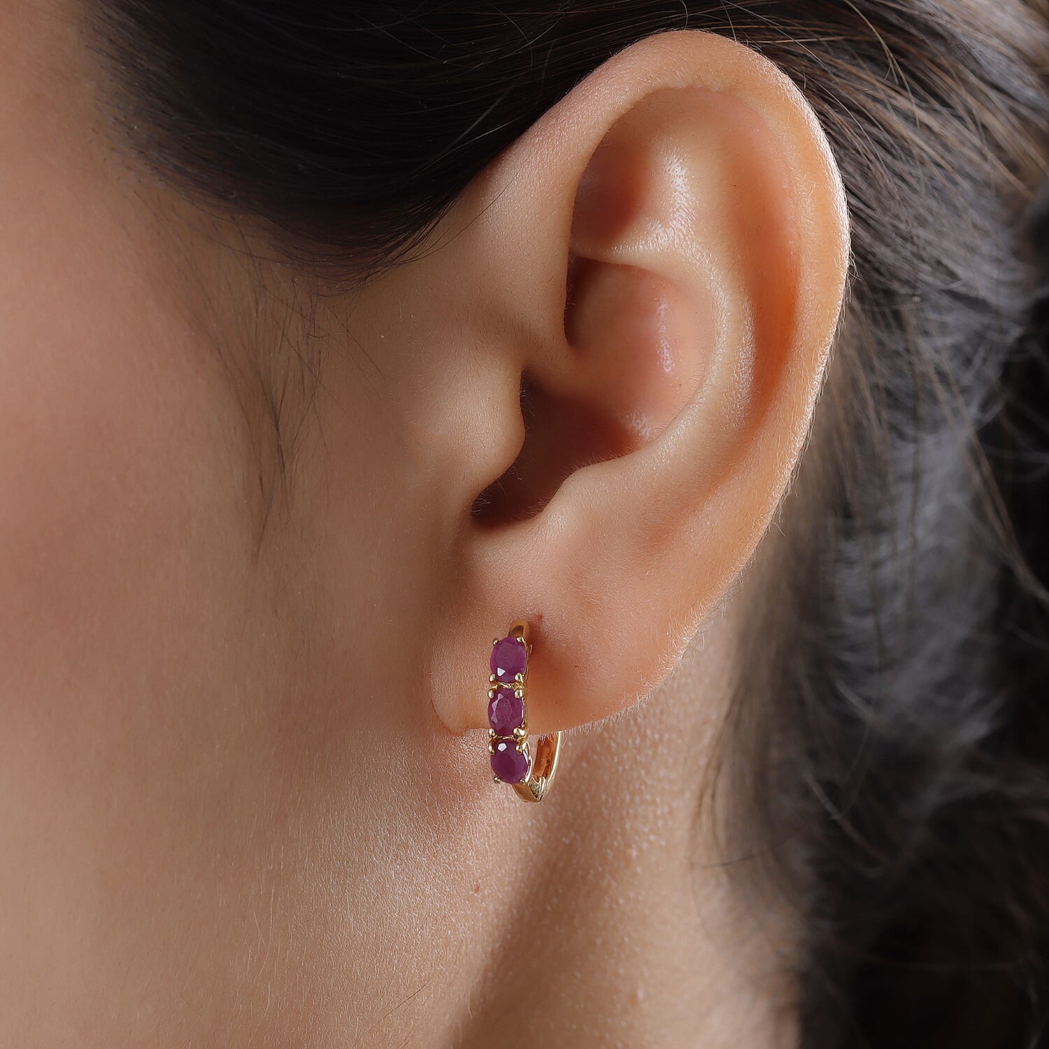 Moroccan Ruby Hoop Earrings in 14K Gold Overlay Sterling Silver 1.23 Ct.