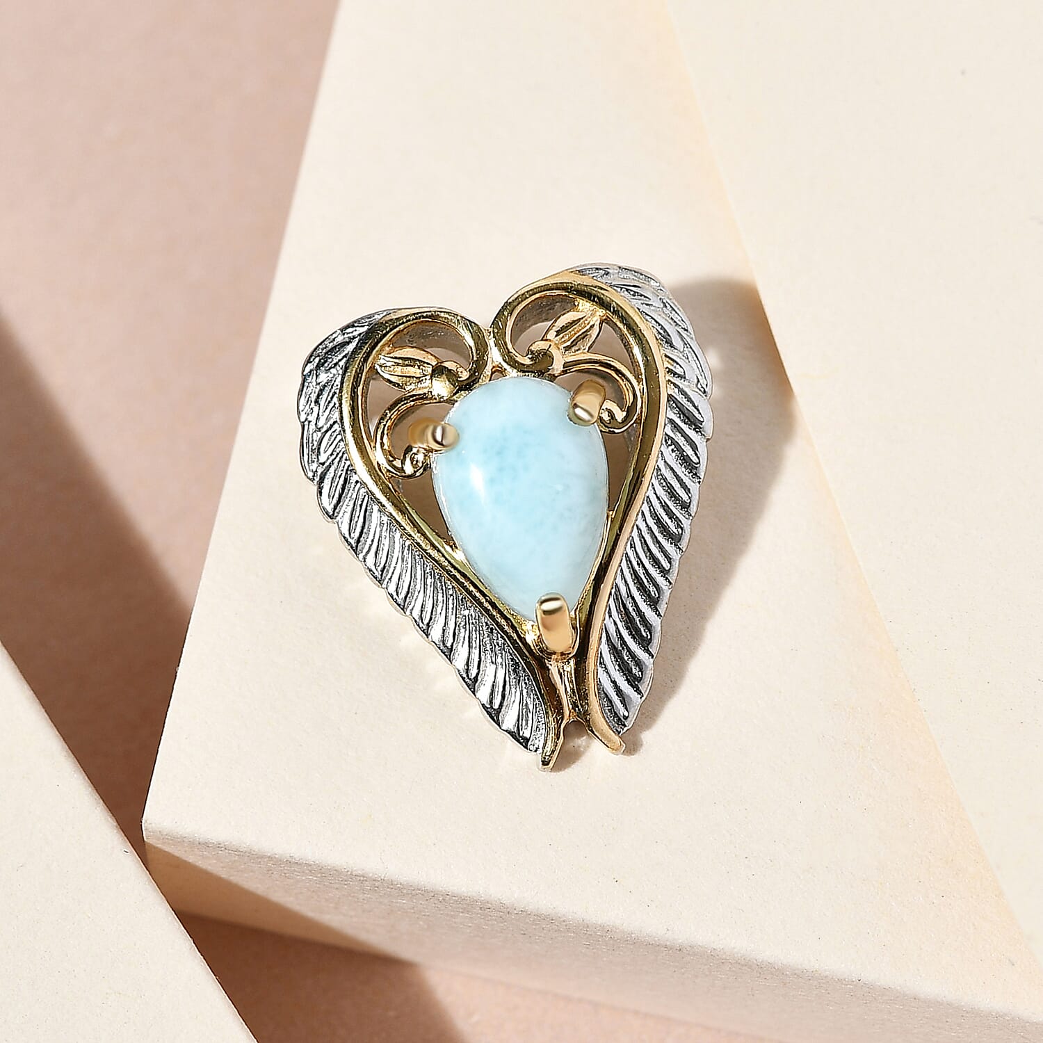 Larimar Pendant in Yellow Gold & Platinum Overlay Sterling Silver 1.60 Ct.