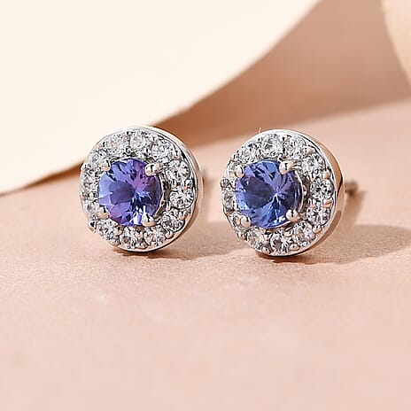 Tanzanite and Natural Cambodian Zircon Stud Earrings (With Push Back) in Sterling Silver 1.00 Ct.