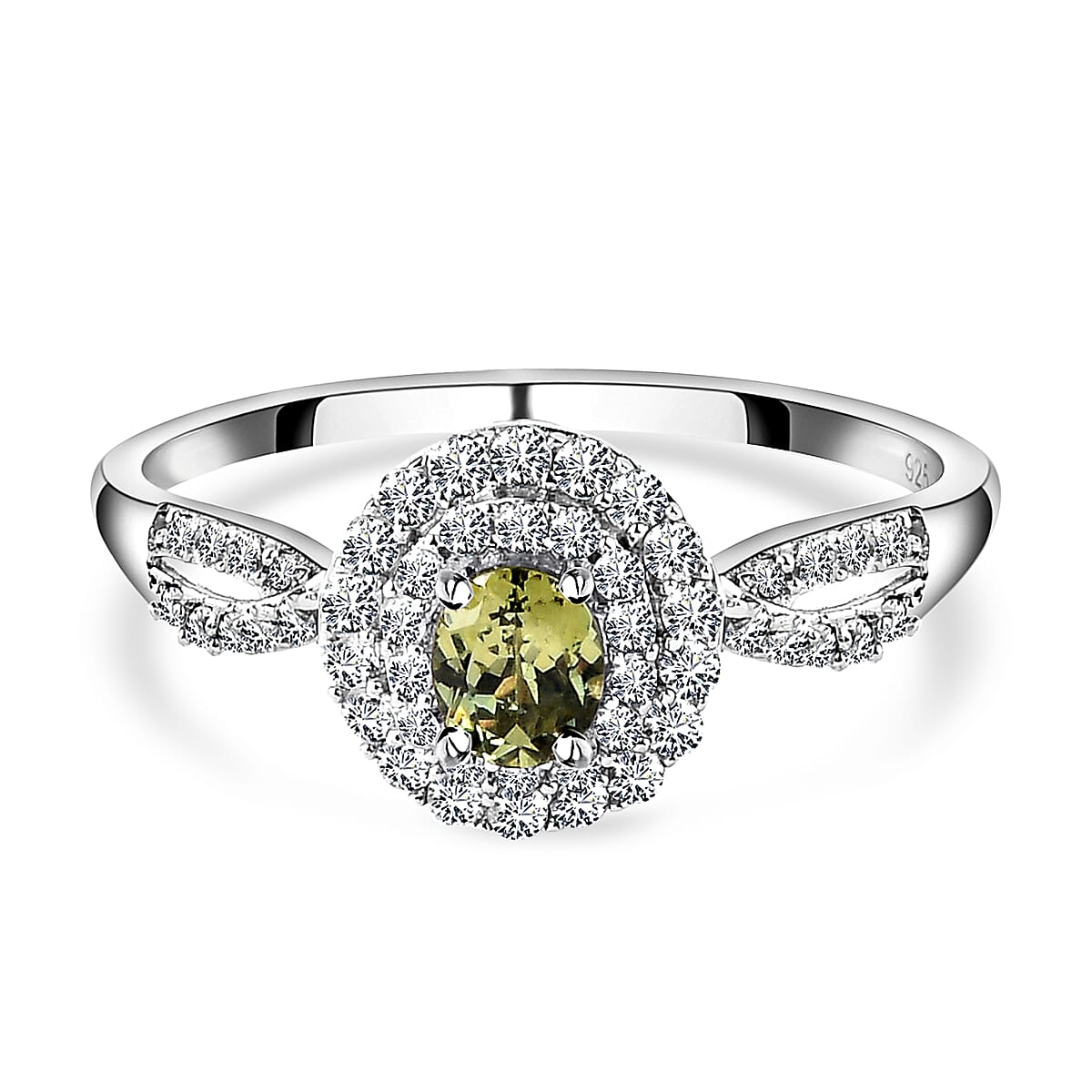 Demantoid Garnet and Natural Cambodian Zircon Cluster Ring in Platinum Overlay Sterling Silver 1.16 Ct.