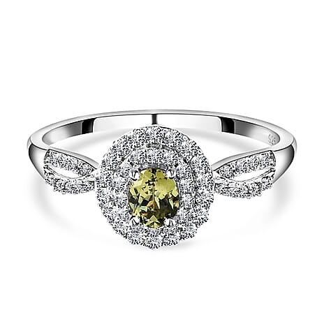 Demantoid Garnet and Natural Cambodian Zircon Cluster Ring in Platinum Overlay Sterling Silver 1.16 Ct.
