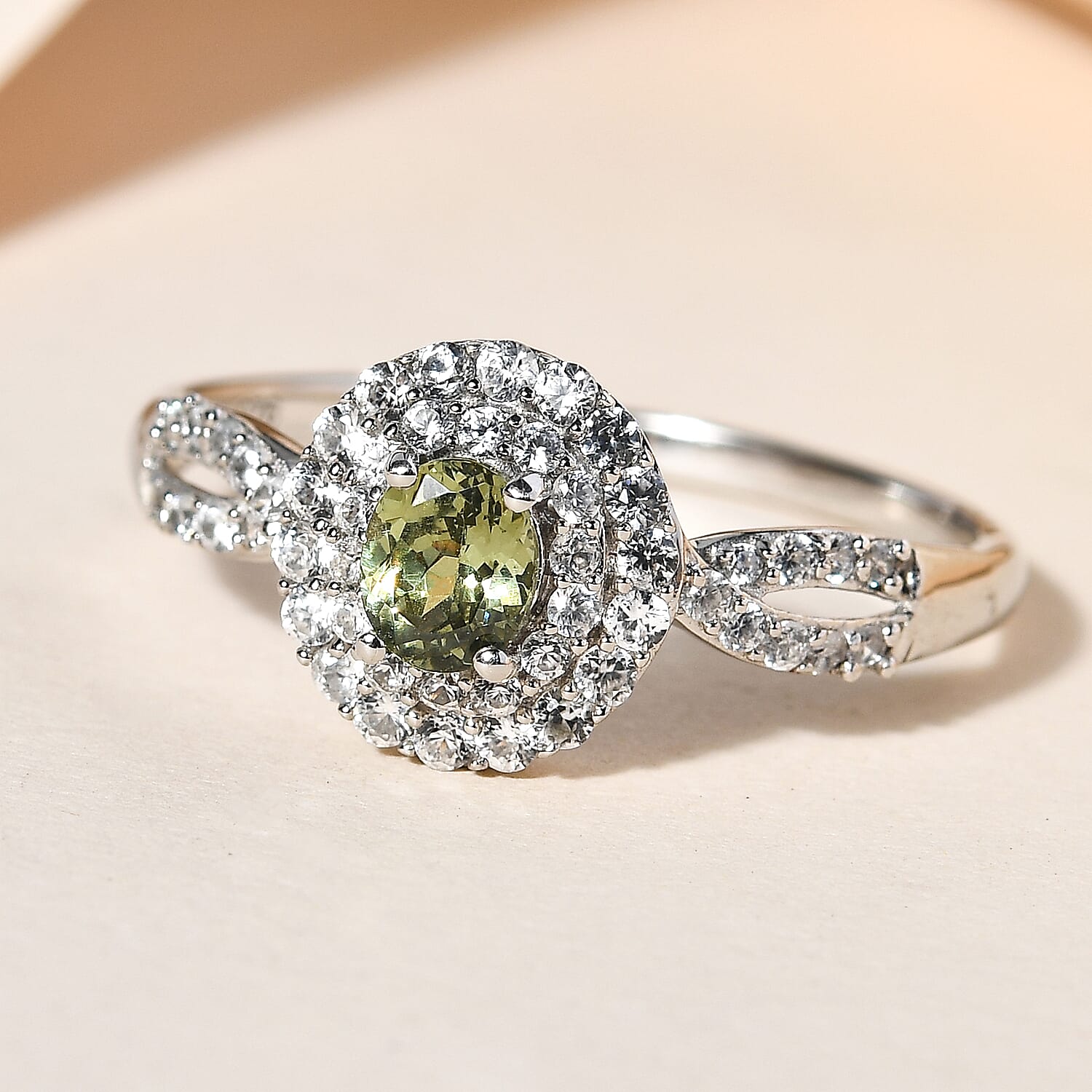 Demantoid Garnet and Natural Cambodian Zircon Cluster Ring in Platinum Overlay Sterling Silver 1.16 Ct.