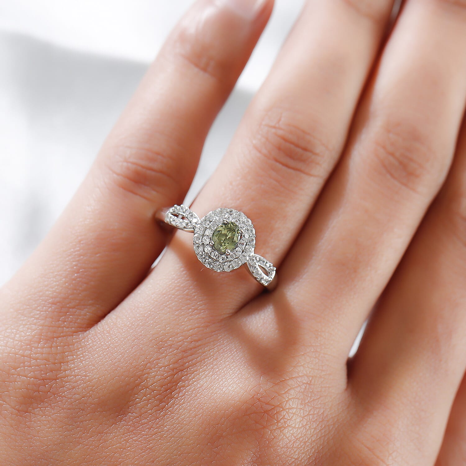 Demantoid Garnet and Natural Cambodian Zircon Cluster Ring in Platinum Overlay Sterling Silver 1.16 Ct.