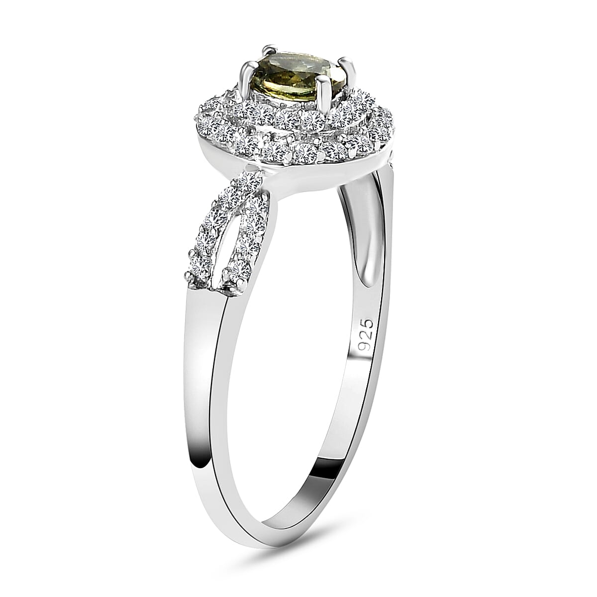 Demantoid Garnet and Natural Cambodian Zircon Cluster Ring in Platinum Overlay Sterling Silver 1.16 Ct.