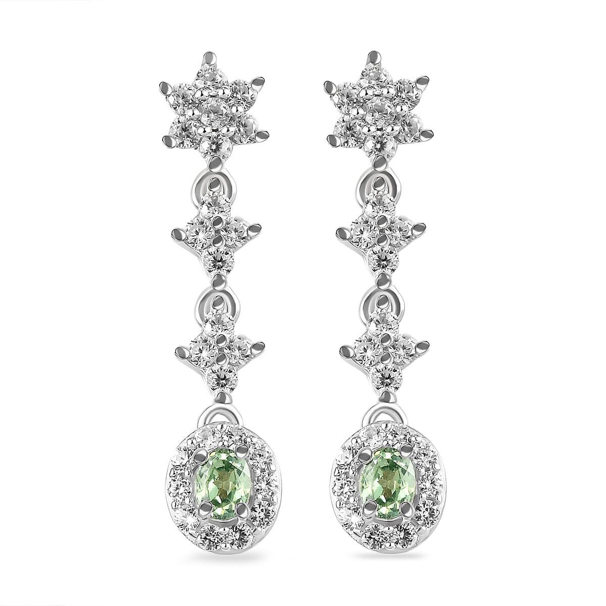 Demantoid Garnet and Natural Cambodian Zircon Dangling Earrings (With Push Back) in Platinum Overlay Sterling Silver 1.75 Ct.