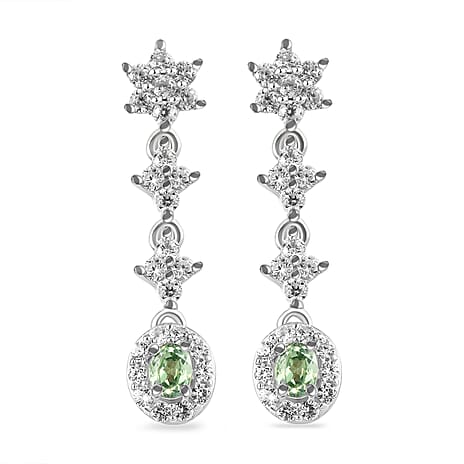 Demantoid Garnet and Natural Cambodian Zircon Dangling Earrings (With Push Back) in Platinum Overlay Sterling Silver 1.75 Ct.