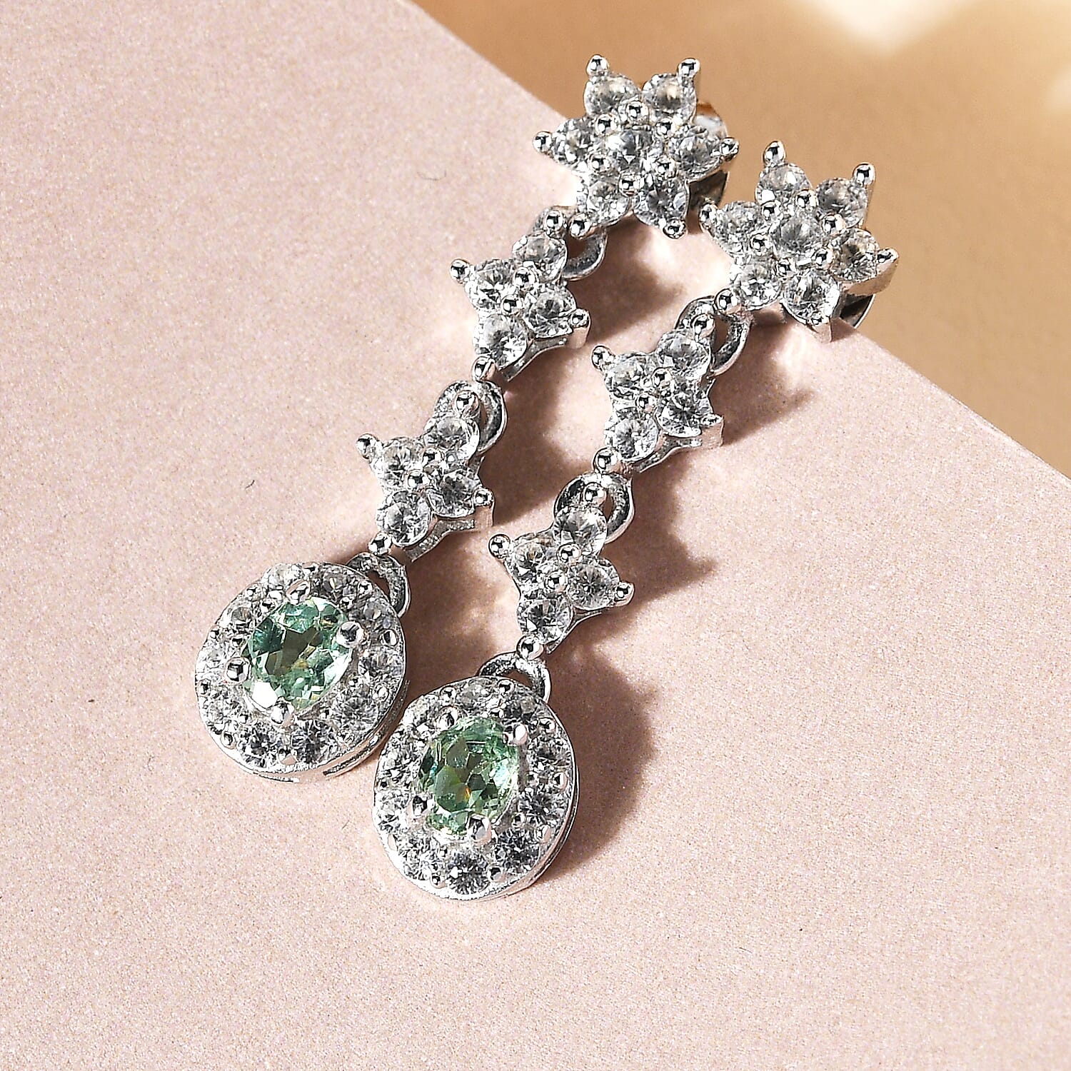 Demantoid Garnet and Natural Cambodian Zircon Dangling Earrings (With Push Back) in Platinum Overlay Sterling Silver 1.75 Ct.