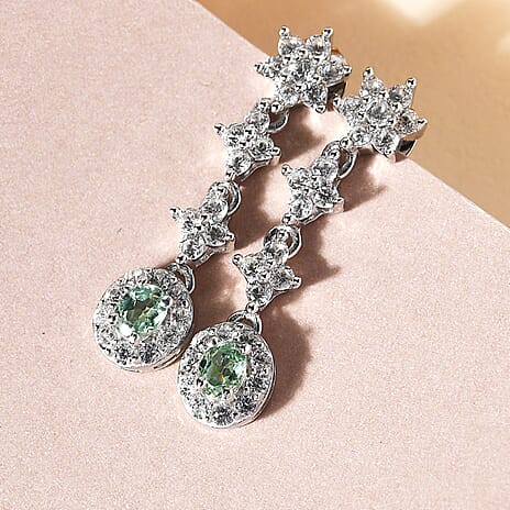 Demantoid Garnet and Natural Cambodian Zircon Dangling Earrings (With Push Back) in Platinum Overlay Sterling Silver 1.75 Ct.