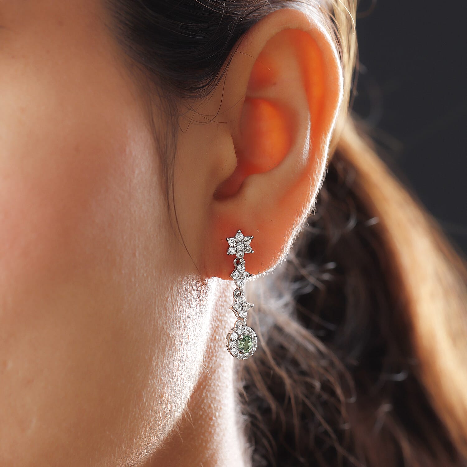Demantoid Garnet and Natural Cambodian Zircon Dangling Earrings (With Push Back) in Platinum Overlay Sterling Silver 1.75 Ct.