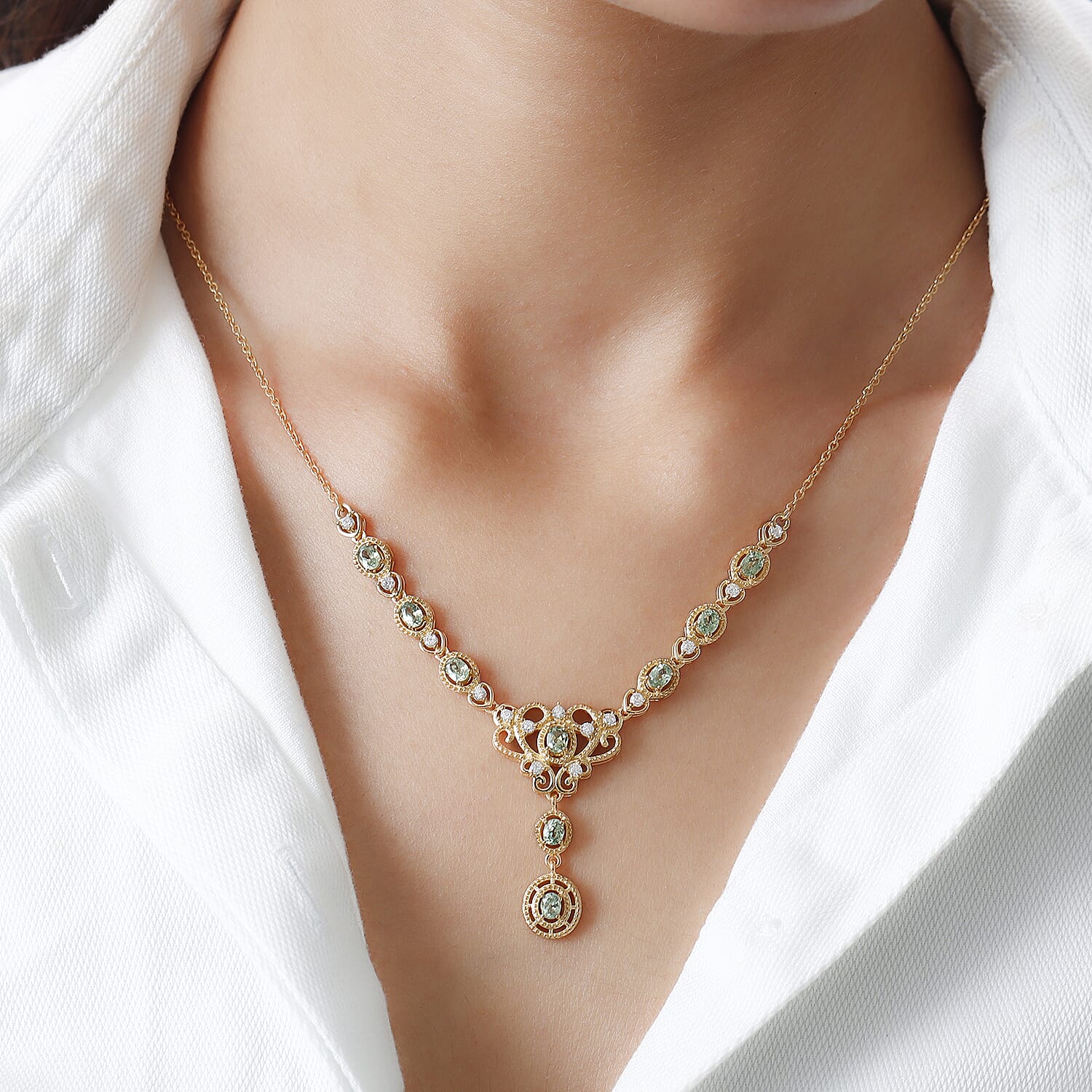 Demantoid Garnet and Natural Zircon Necklace (Size - 18-2 Inch Ext.) in 14K Gold Overlay Sterling Silver 2.78 Ct, Silver Wt. 10.13 Gms