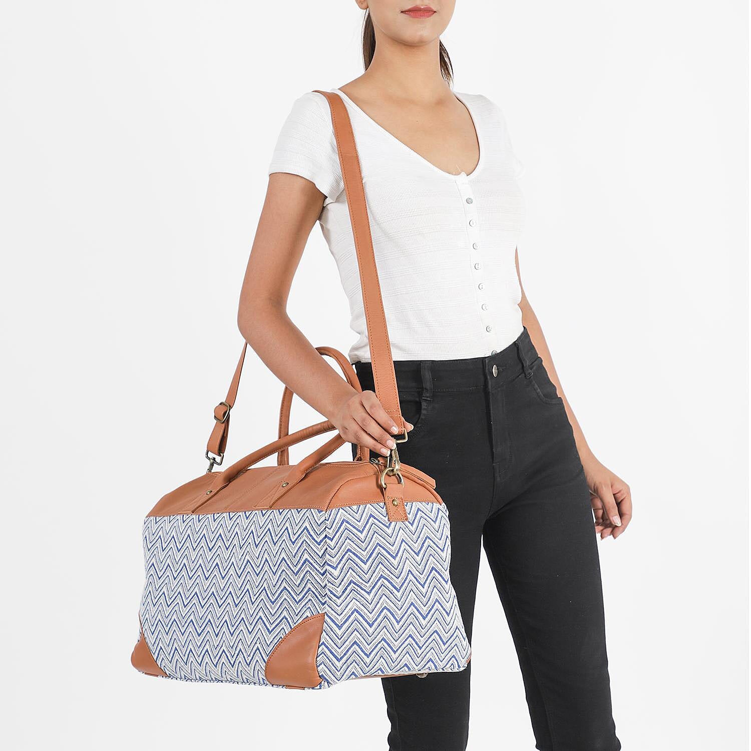 Close Out Deal - Genuine Leather Handmade Jacquard Holdall Luggage Bag - Tan