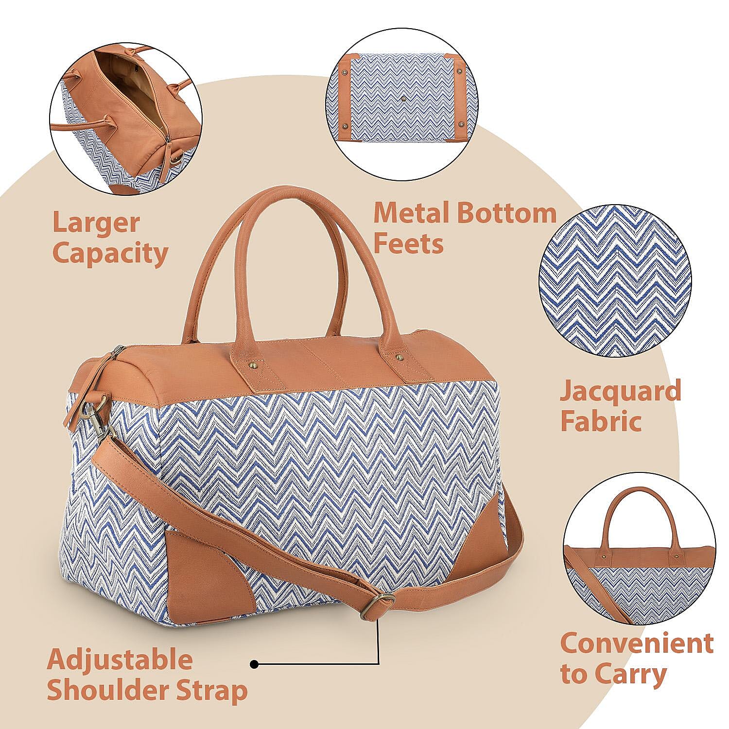 Close Out Deal - Genuine Leather Handmade Jacquard Holdall Luggage Bag - Tan