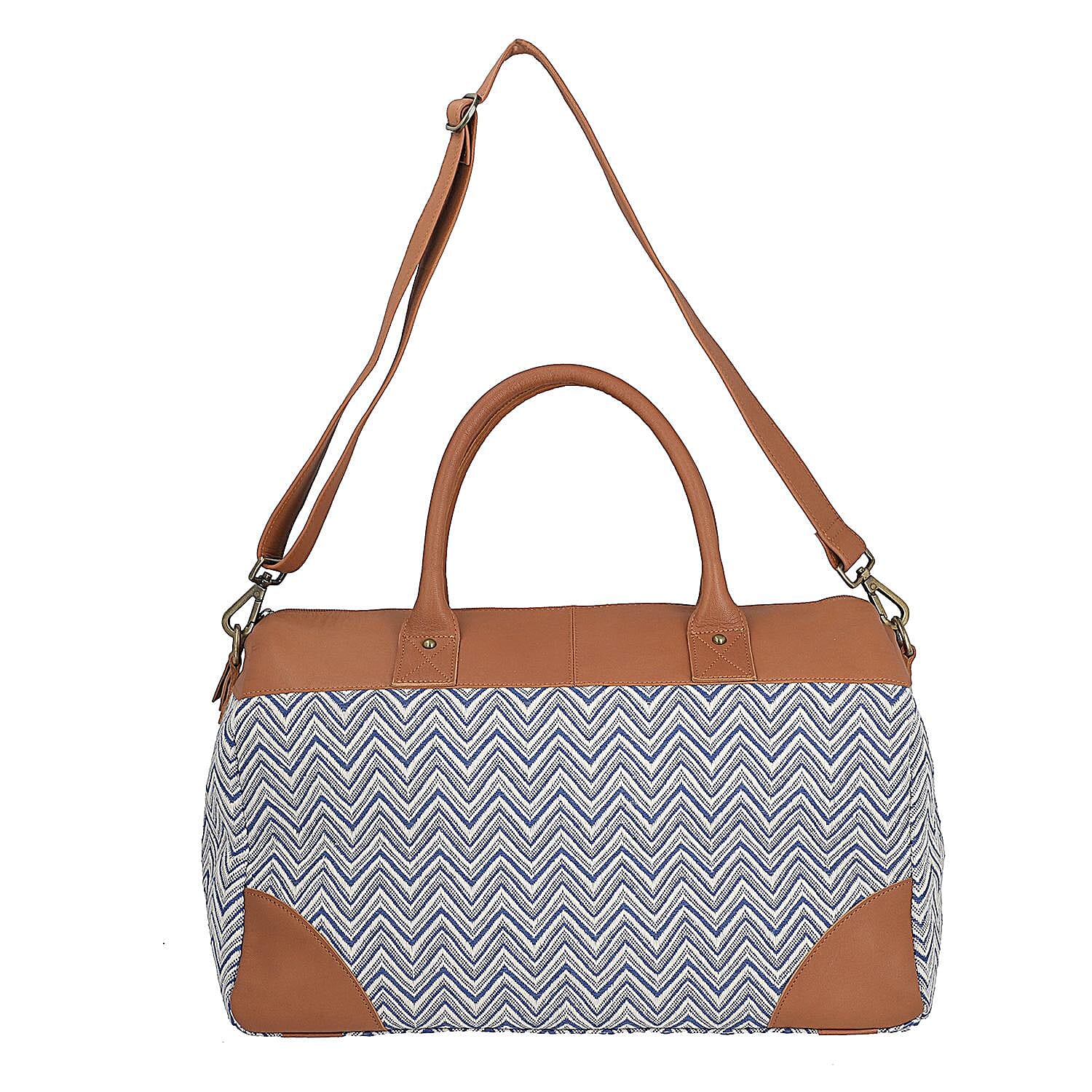 Close Out Deal - Genuine Leather Handmade Jacquard Holdall Luggage Bag - Tan