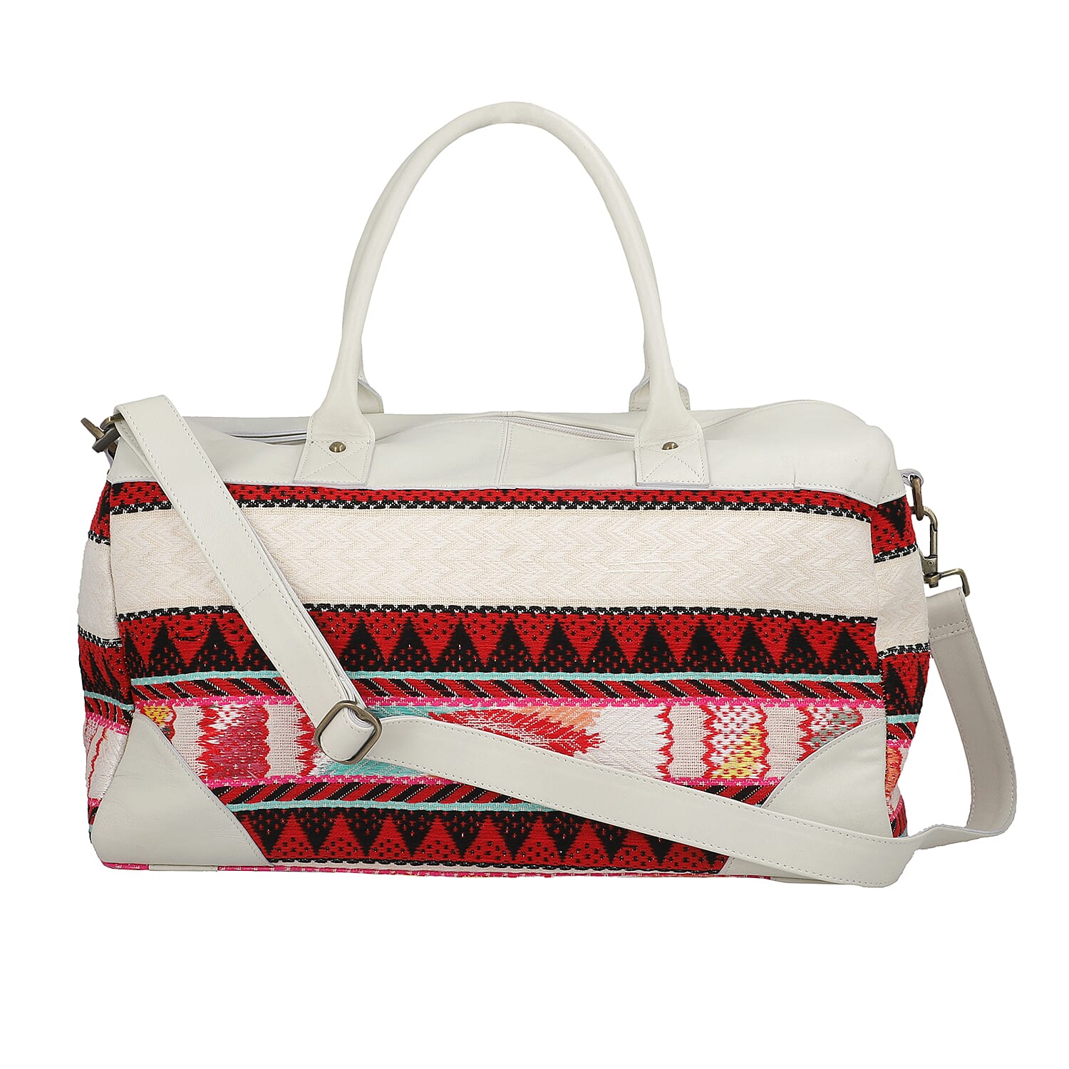 Genuine Leather Handmade Jacquard Holdall Luggage Bag - White