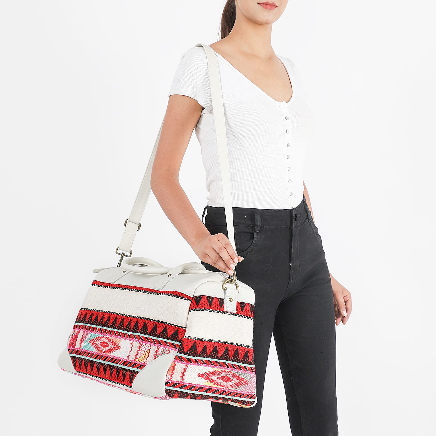 Genuine Leather Handmade Jacquard Holdall Luggage Bag - White