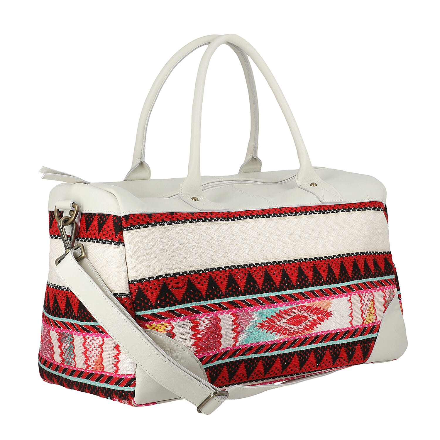 Genuine Leather Handmade Jacquard Holdall Luggage Bag - White