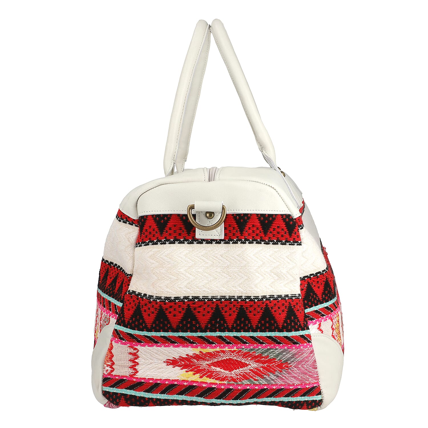 Genuine Leather Handmade Jacquard Holdall Luggage Bag - White