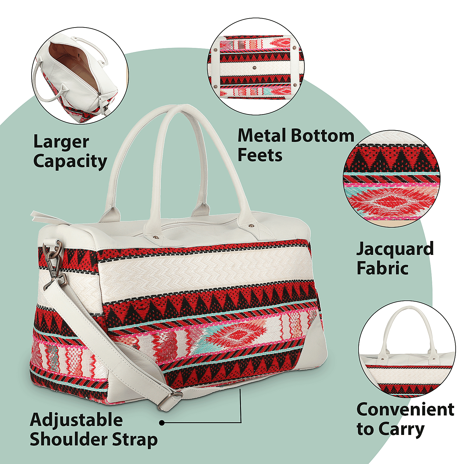 Genuine Leather Handmade Jacquard Holdall Luggage Bag - White