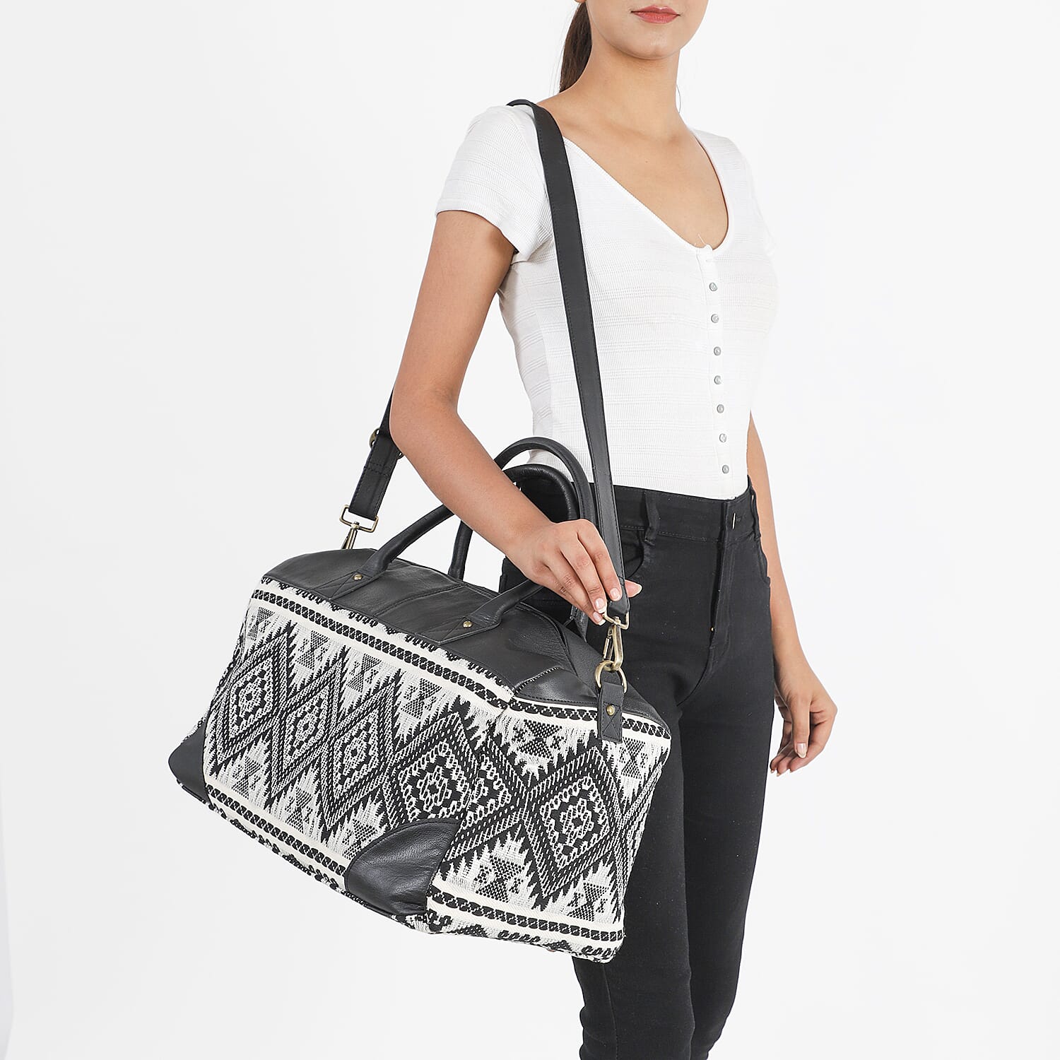 Boxing Day Deal - 100% Genuine Leather Handmade Jacquard Holdall Luggage Bag - Black