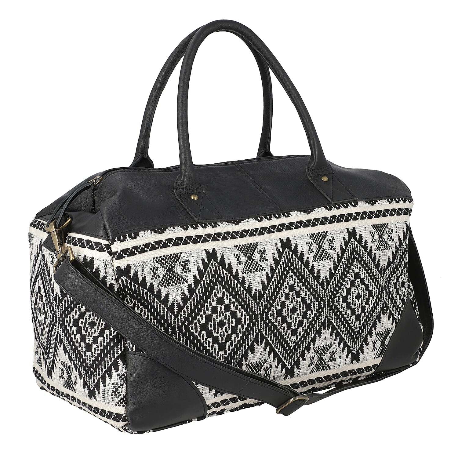 Boxing Day Deal - 100% Genuine Leather Handmade Jacquard Holdall Luggage Bag - Black