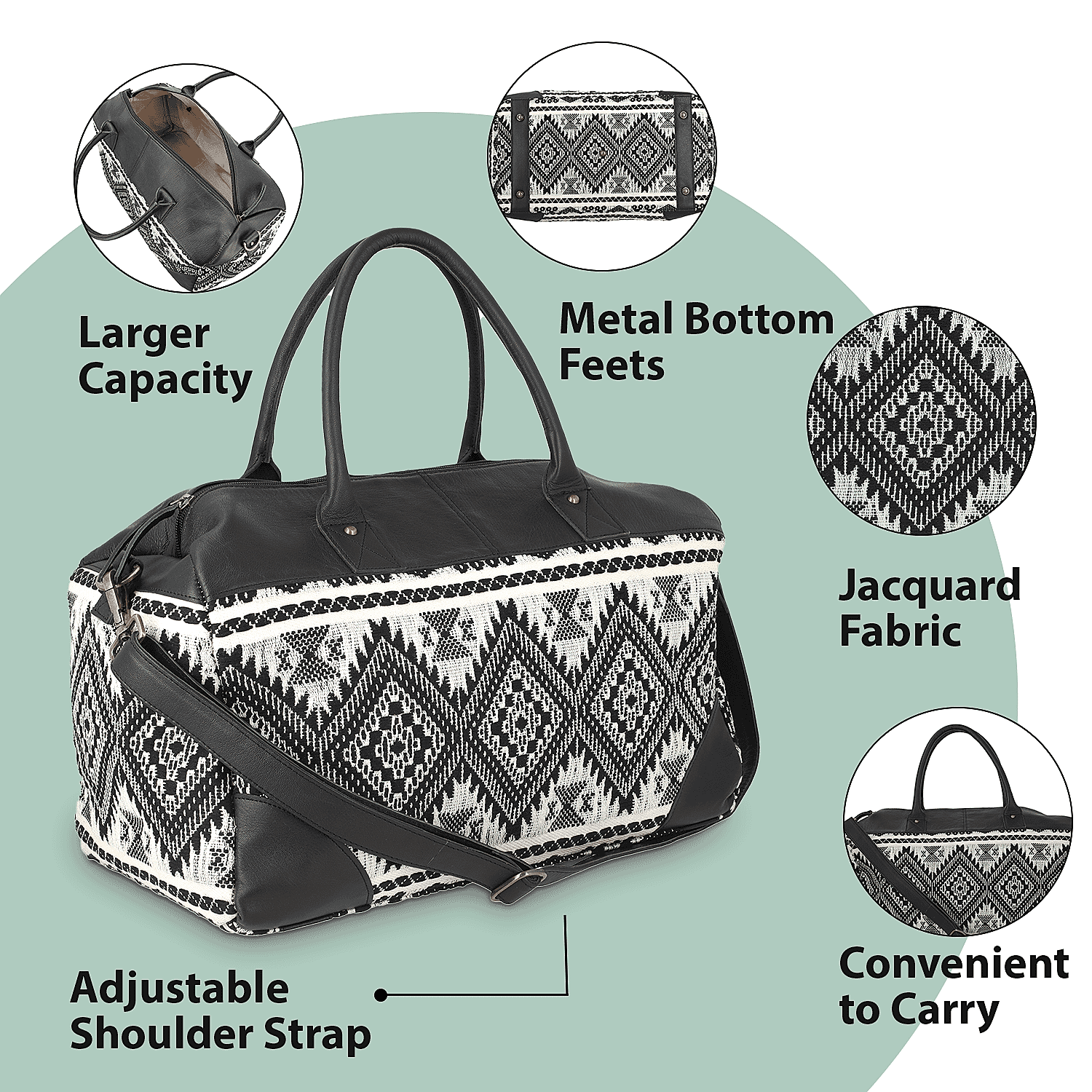 Boxing Day Deal - 100% Genuine Leather Handmade Jacquard Holdall Luggage Bag - Black