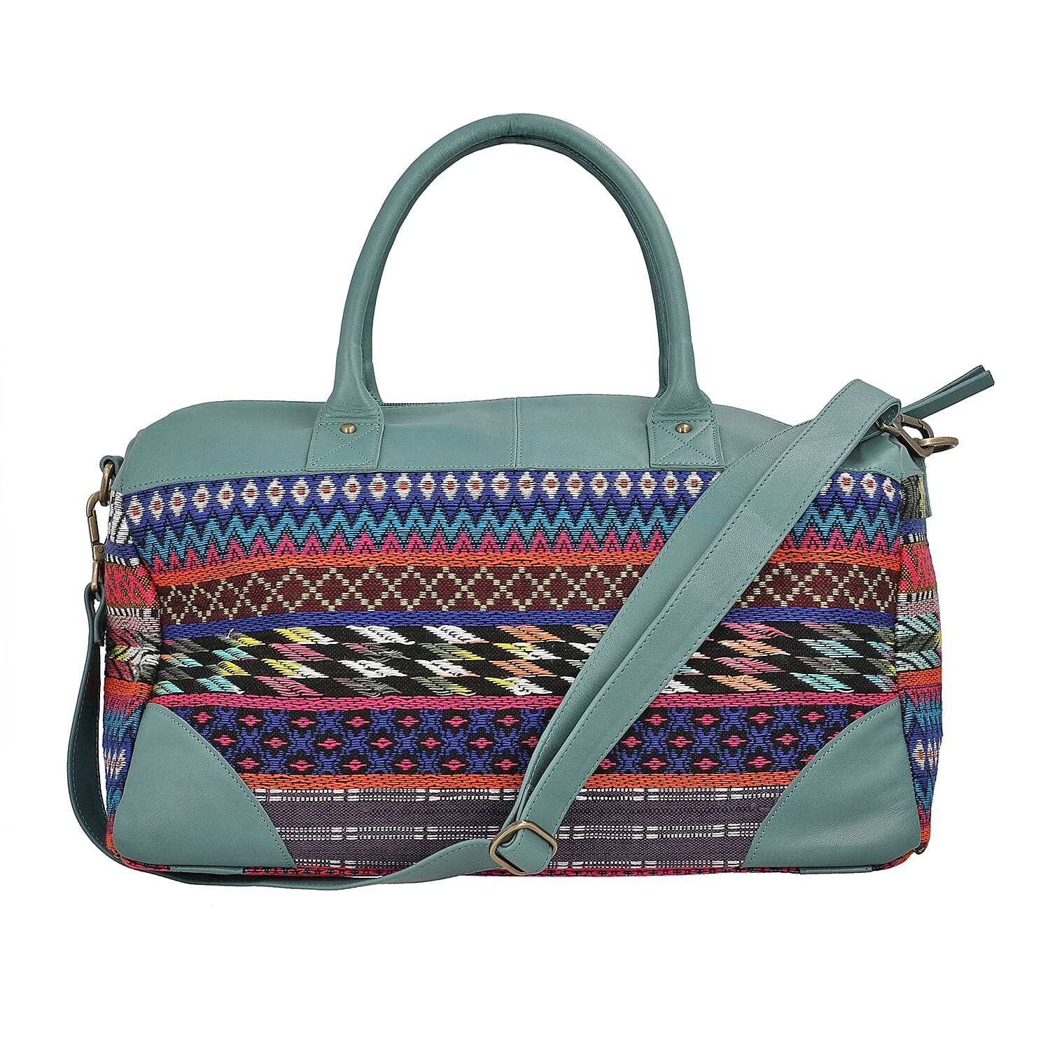 Genuine Leather Handmade Jacquard Holdall Luggage Bag - Teal