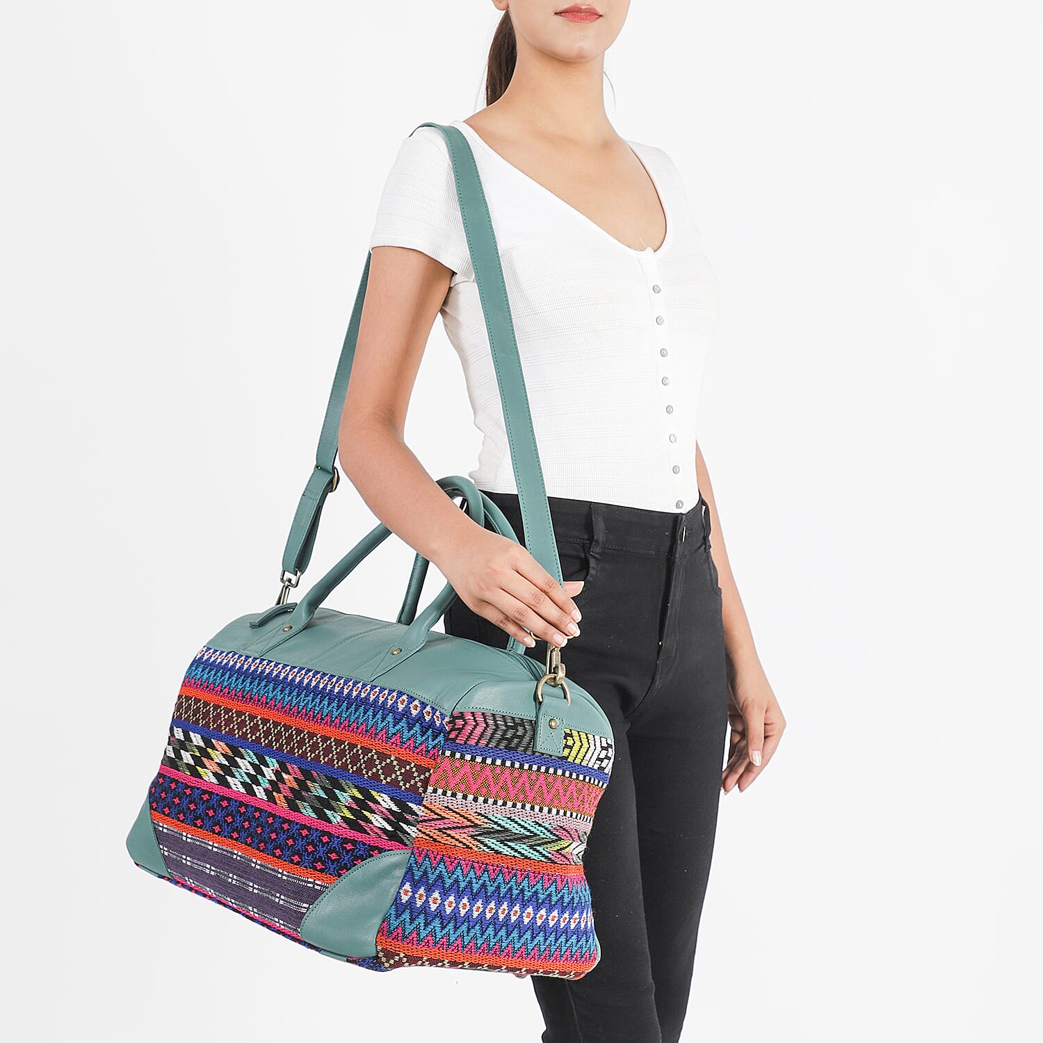 Genuine Leather Handmade Jacquard Holdall Luggage Bag - Teal