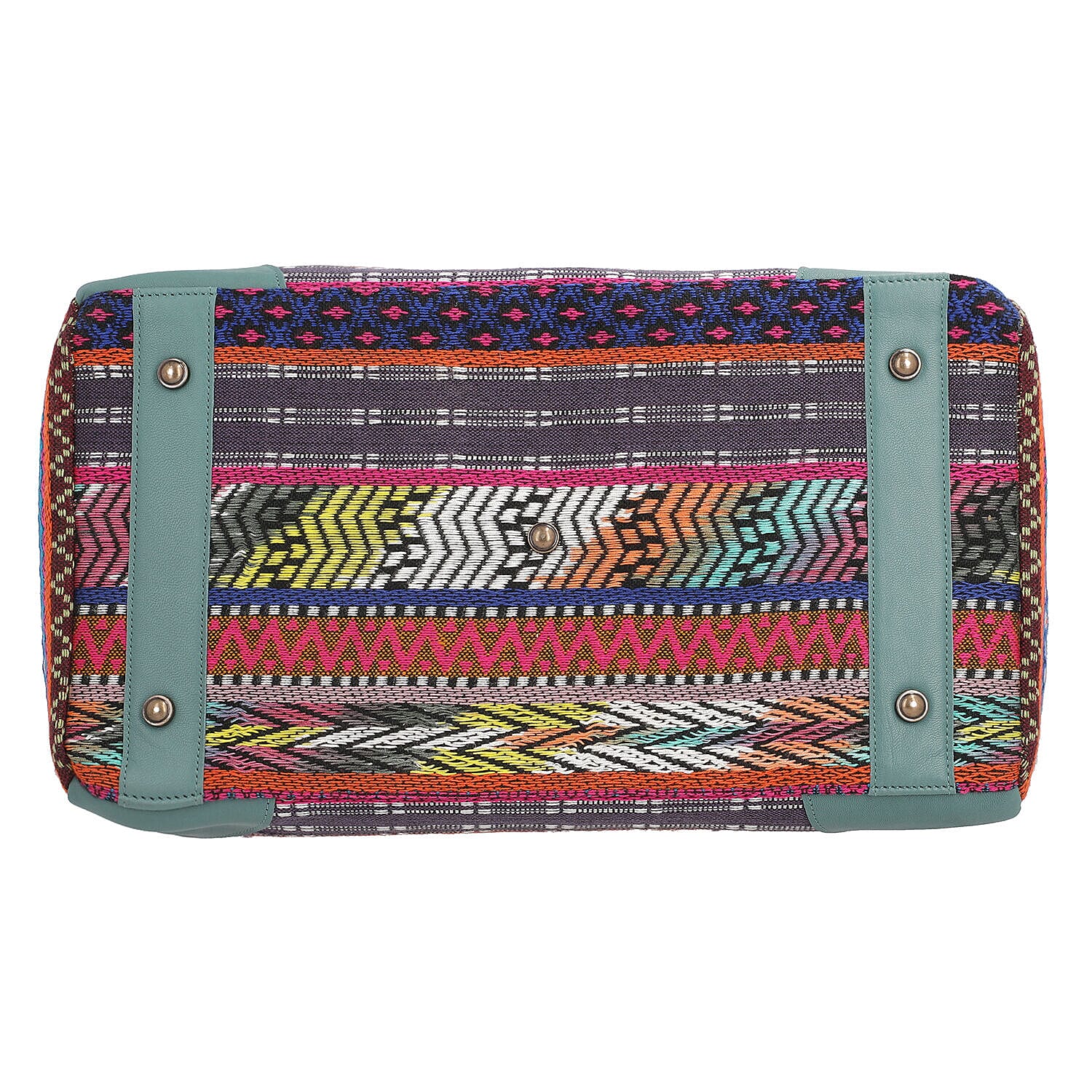 Genuine Leather Handmade Jacquard Holdall Luggage Bag - Teal