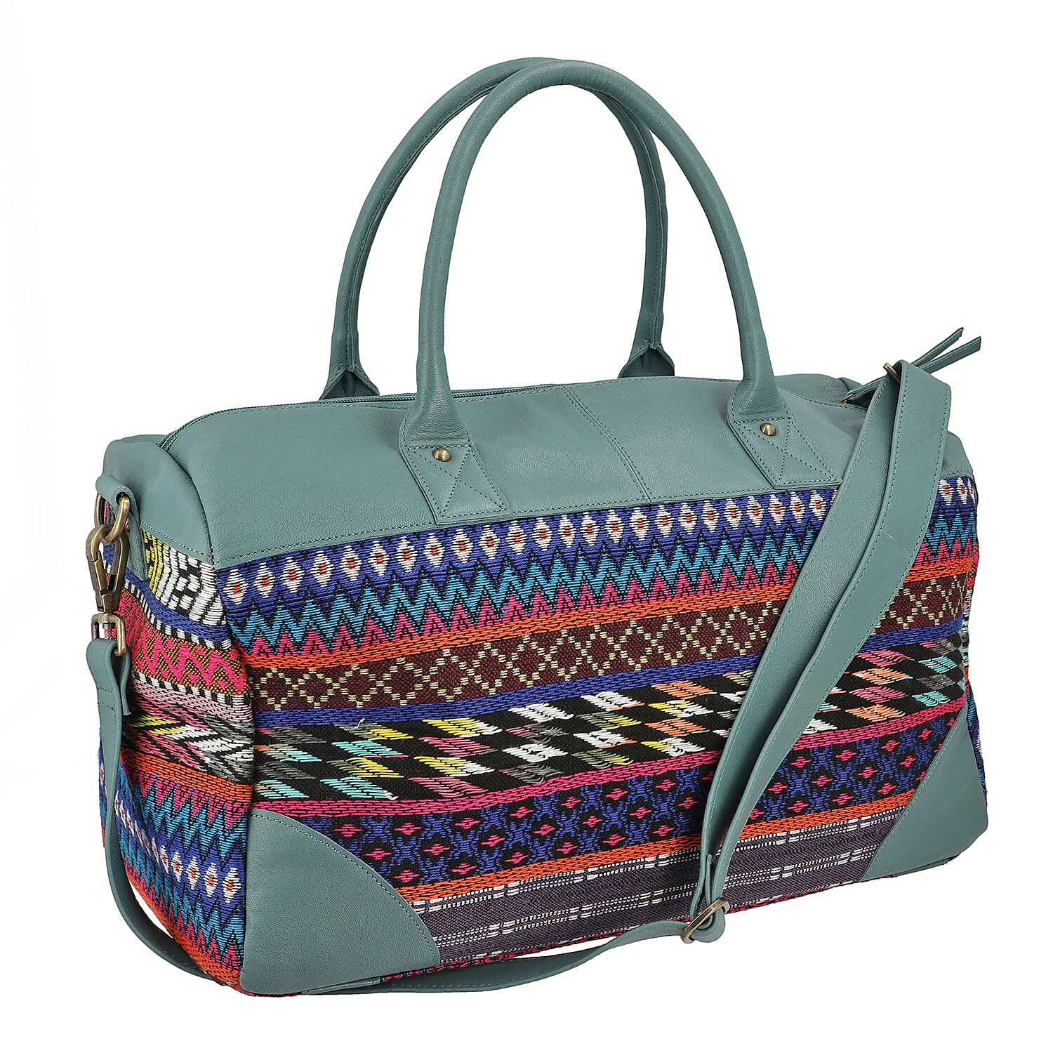Genuine Leather Handmade Jacquard Holdall Luggage Bag - Teal