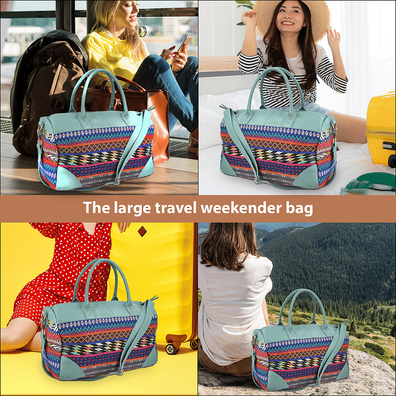 Genuine Leather Handmade Jacquard Holdall Luggage Bag - Teal