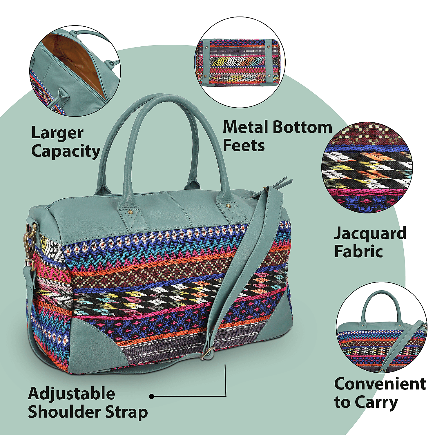 Genuine Leather Handmade Jacquard Holdall Luggage Bag - Teal
