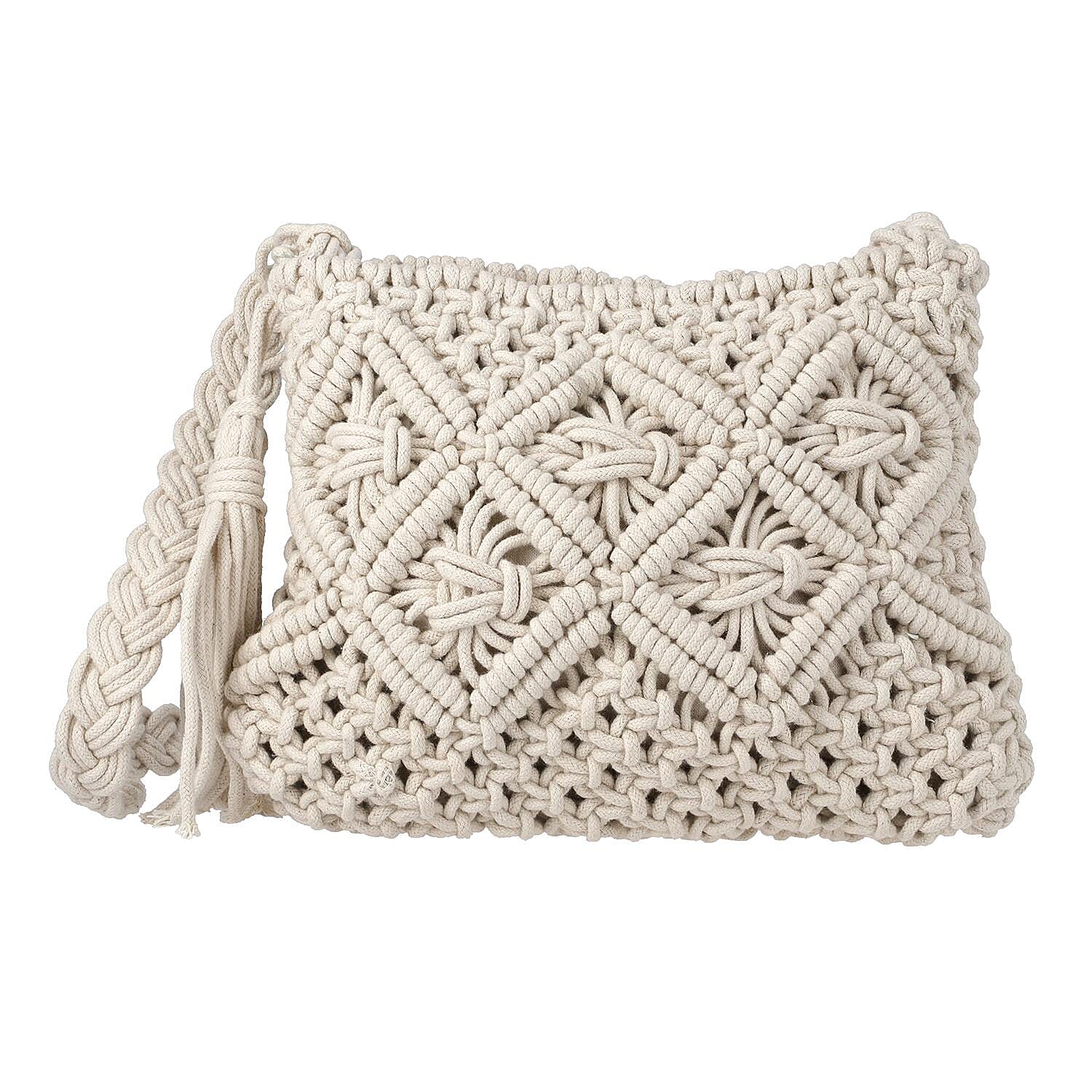 Cotton Crossbody Macrame Bag with Long Handle - White