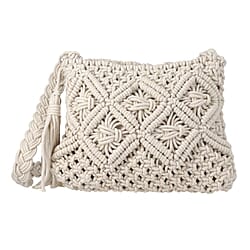 Cotton Crossbody Macrame Bag with Long Handle - White