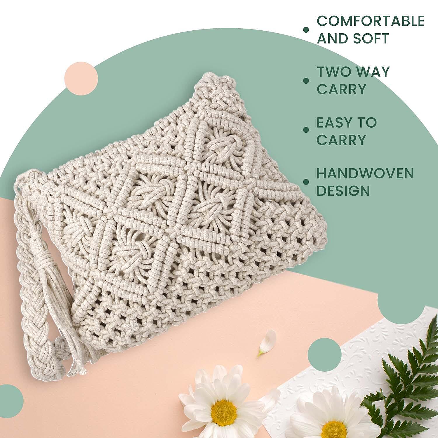 Cotton Crossbody Macrame Bag with Long Handle - White