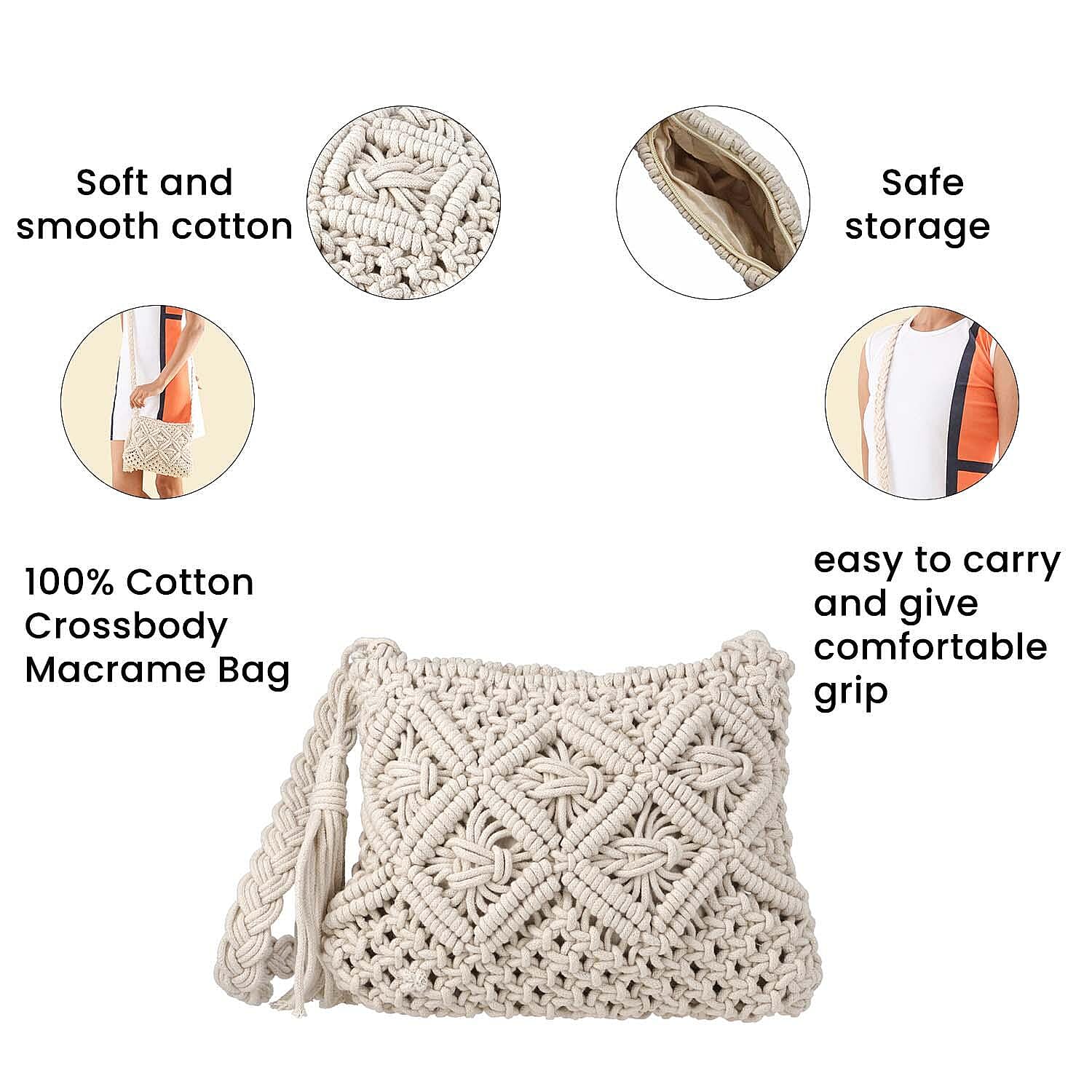 Cotton Crossbody Macrame Bag with Long Handle - White