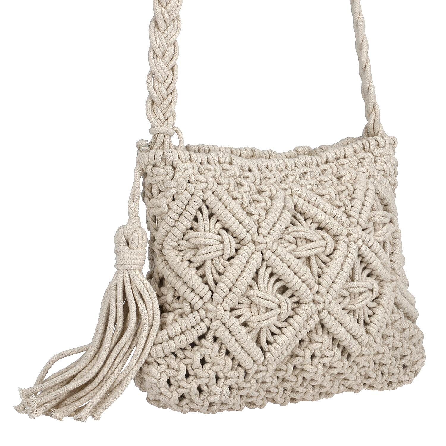 Cotton Crossbody Macrame Bag with Long Handle - White