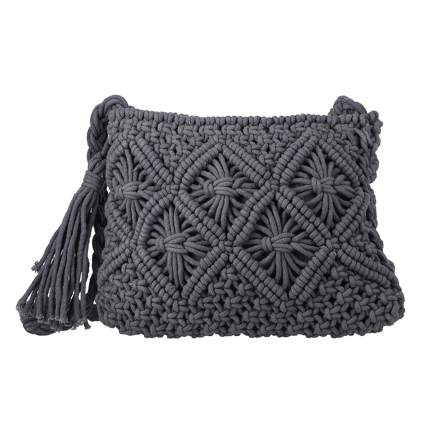 100% Cotton Crossbody Macrame Bag with Long Handle - Grey