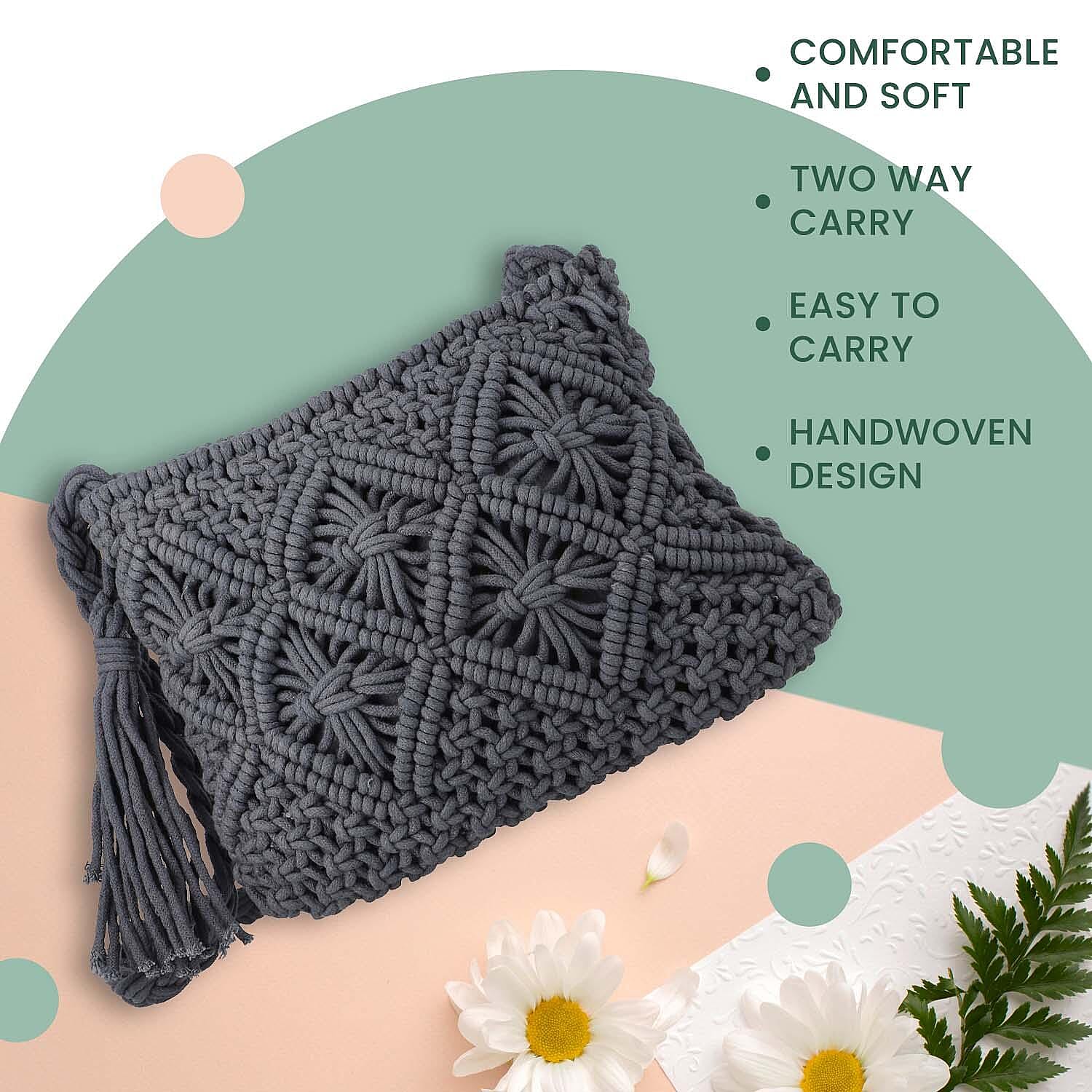 100% Cotton Crossbody Macrame Bag with Long Handle - Grey