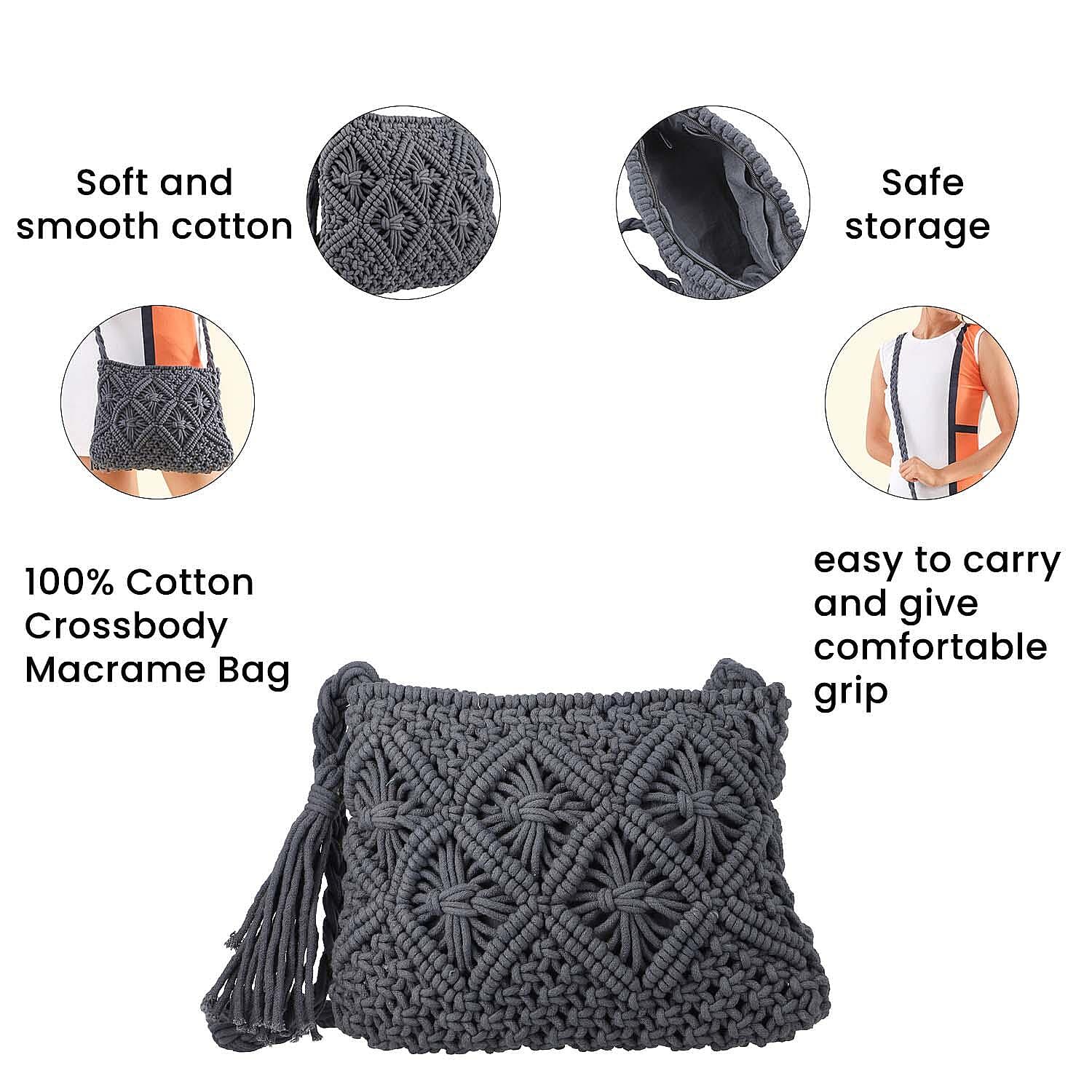 100% Cotton Crossbody Macrame Bag with Long Handle - Grey