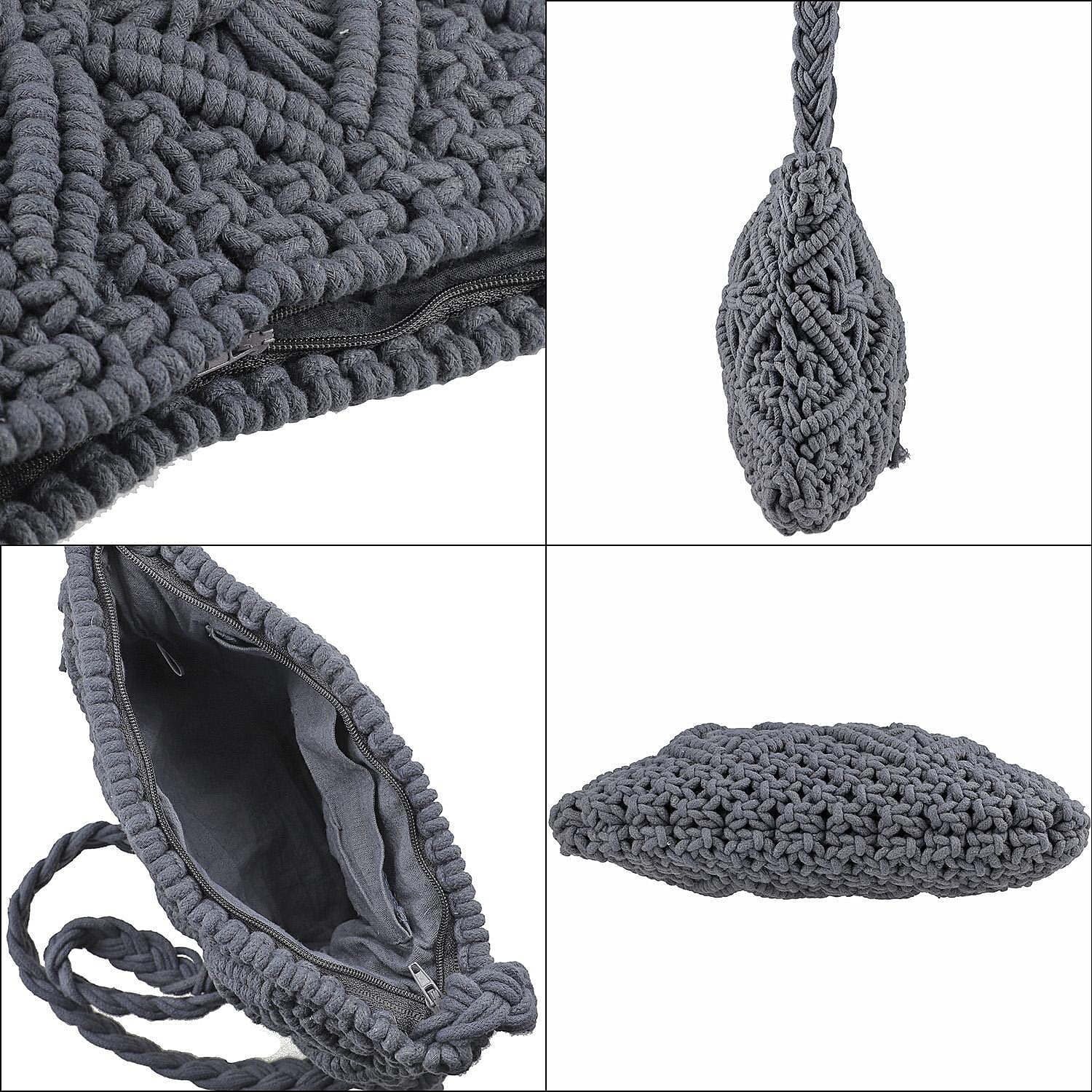 100% Cotton Crossbody Macrame Bag with Long Handle - Grey