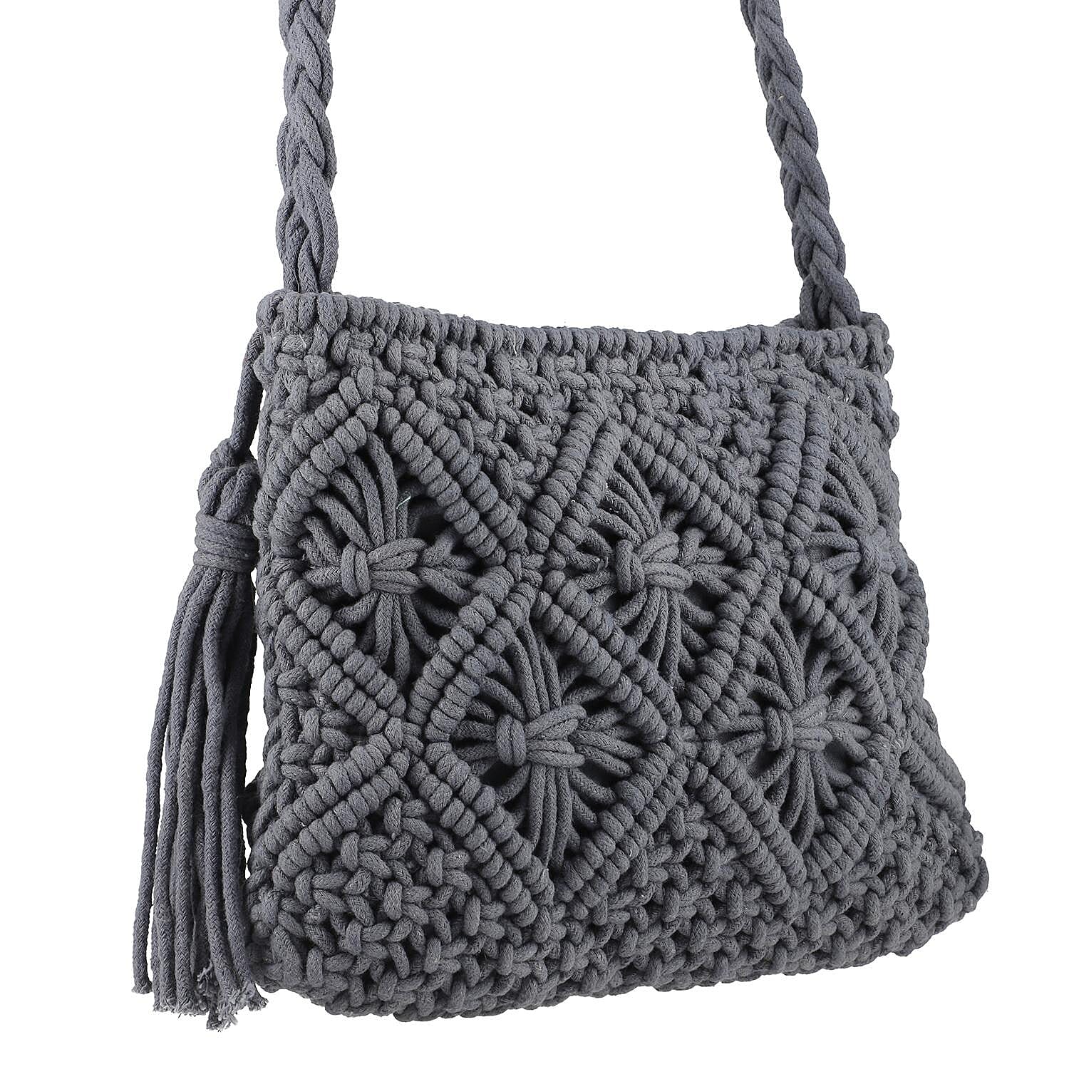 100% Cotton Crossbody Macrame Bag with Long Handle - Grey